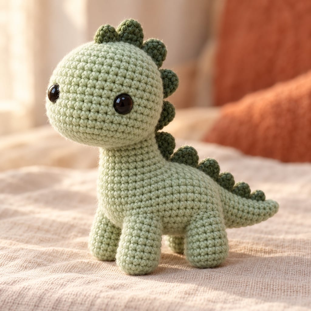 Crocheted amigurumi baby dinosaur