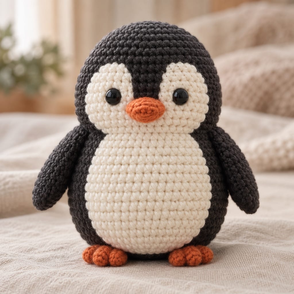 Crocheted amigurumi penguin
