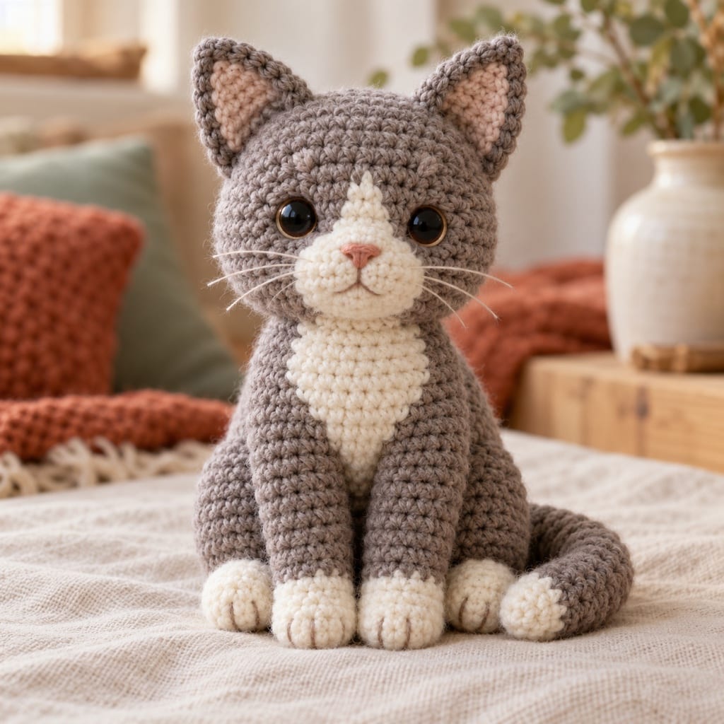 Crocheted amigurumi sitting cat