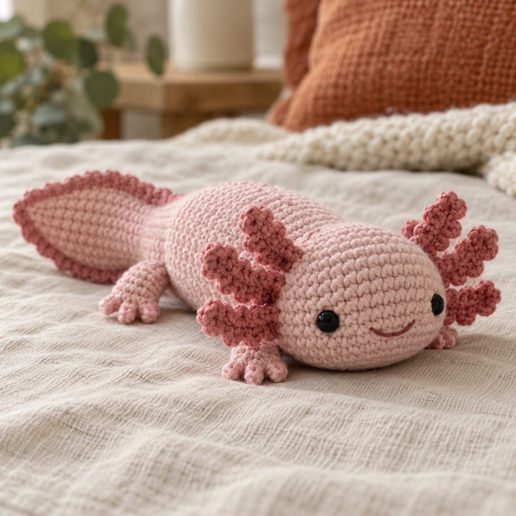 Pink crocheted amigurumi axolotl with frilled gills