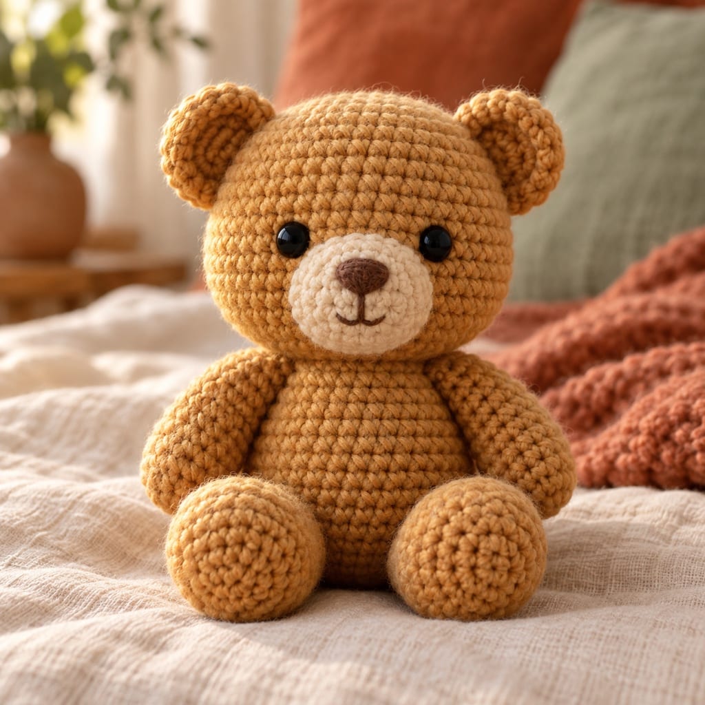 Caramel crocheted amigurumi bear sitting with its legs stretched out