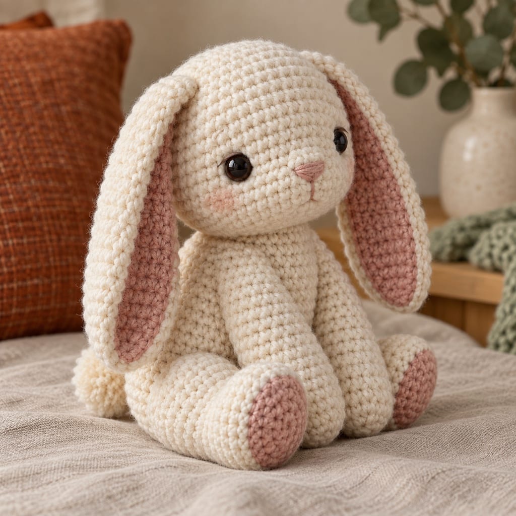 Cream crocheted amigurumi bunny with long floppy pink-lined ears