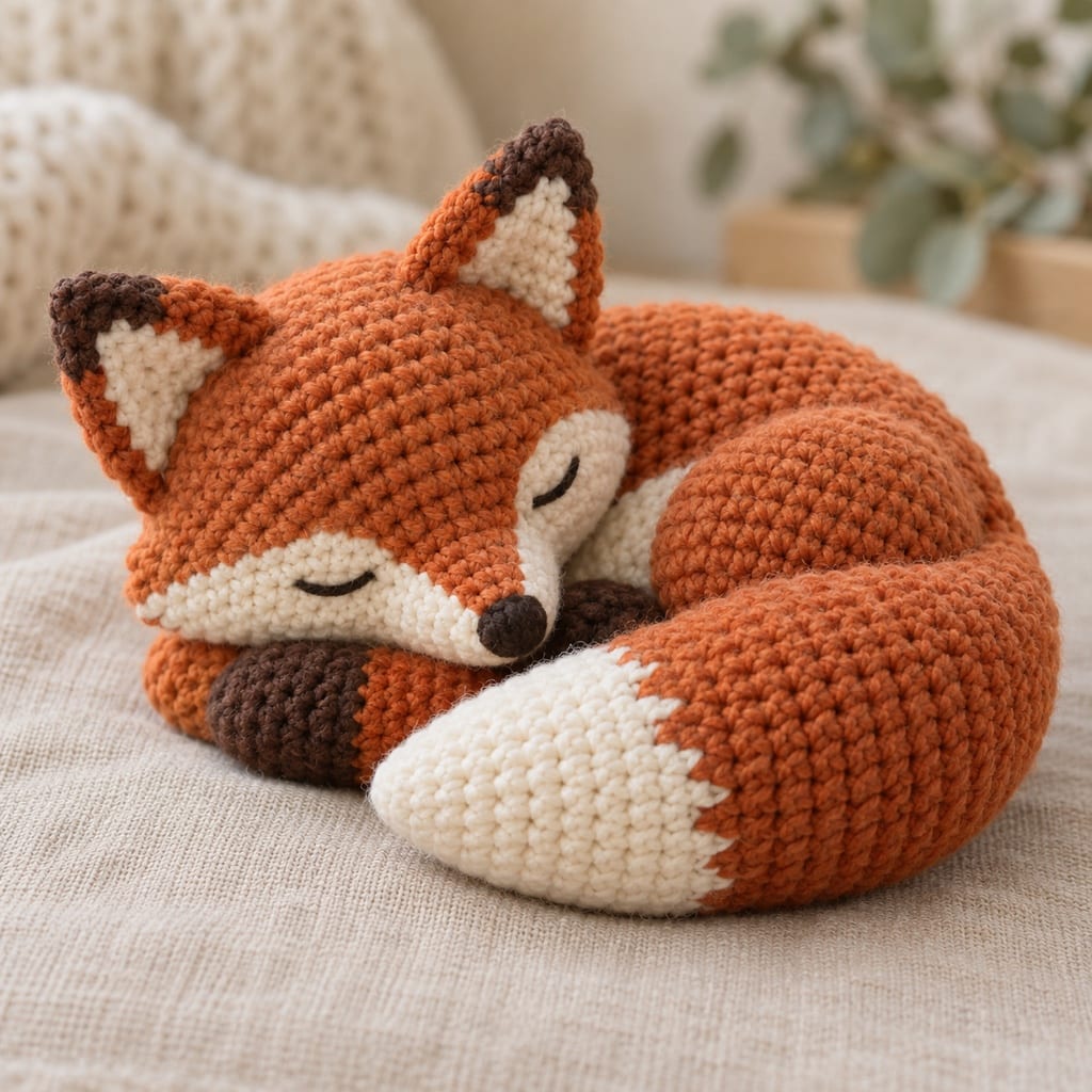Rust-orange crocheted amigurumi fox asleep, curled up under its cream-tipped tail