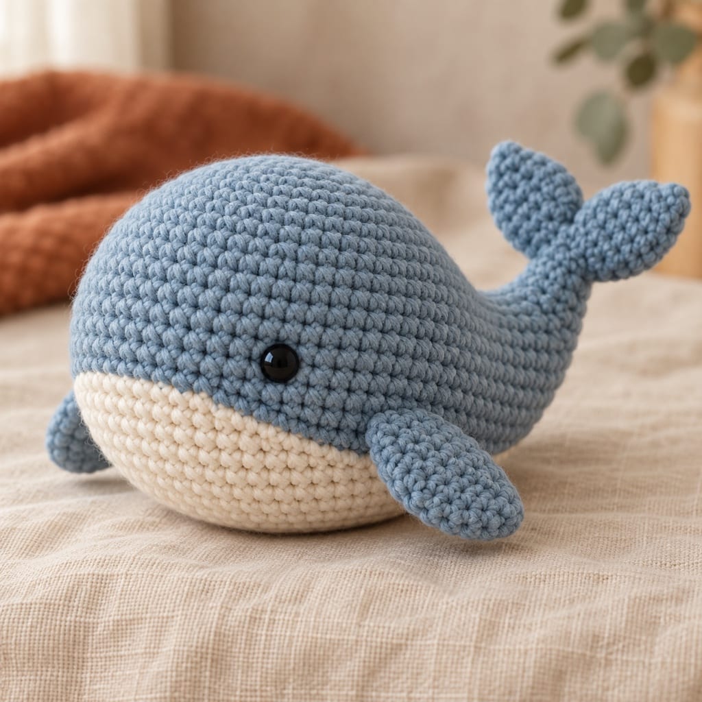 Round blue crocheted amigurumi whale with a cream belly